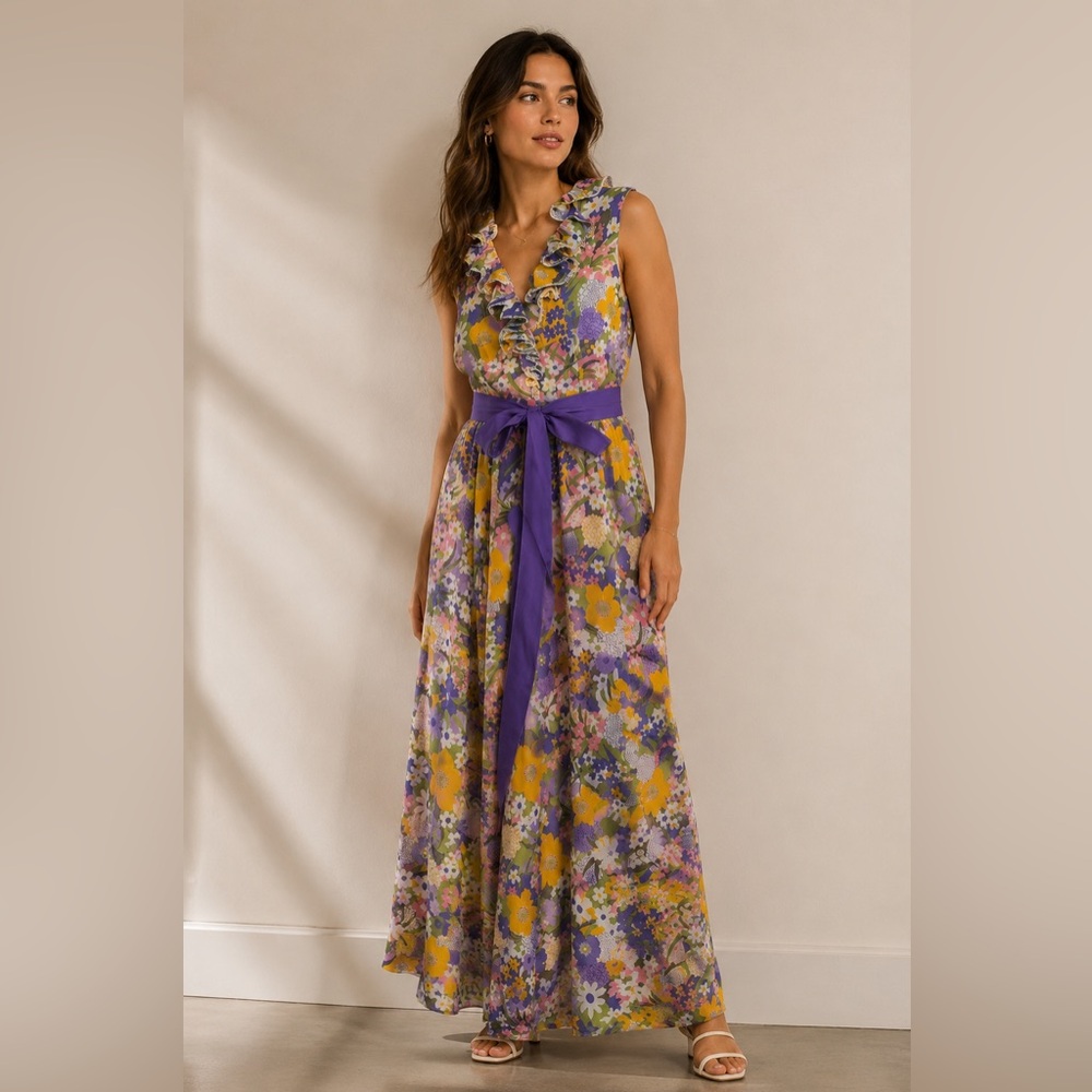 Vintage Miss Elliette Sleeveless Floral Ruffle Maxi Dress with Purple Sash